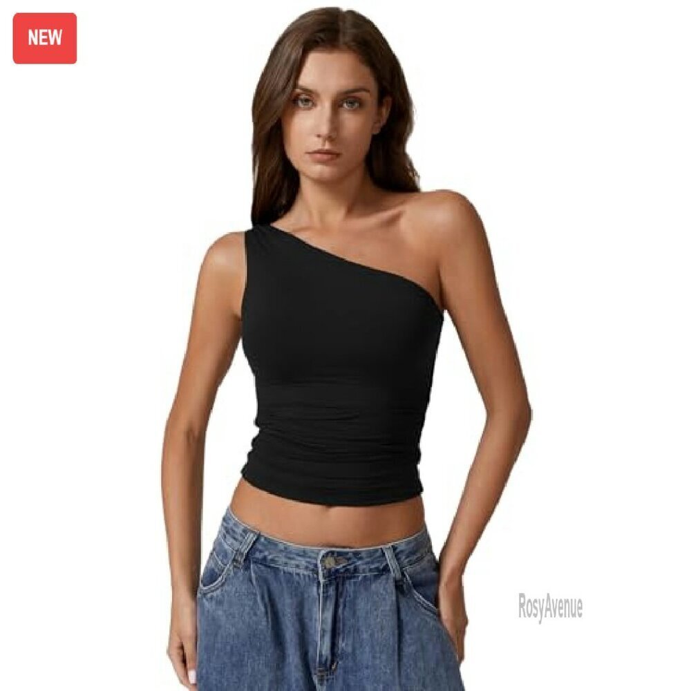One Shoulder Double Lined Tank Top Slim Fit Cropped Tee - Picture 5 of 8
